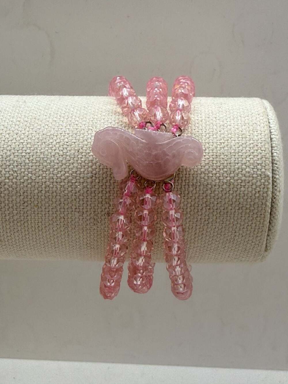 Vintage Multi-Strand Pink Faceted Bead Bracelet with Carved Rose Quartz Seahorse